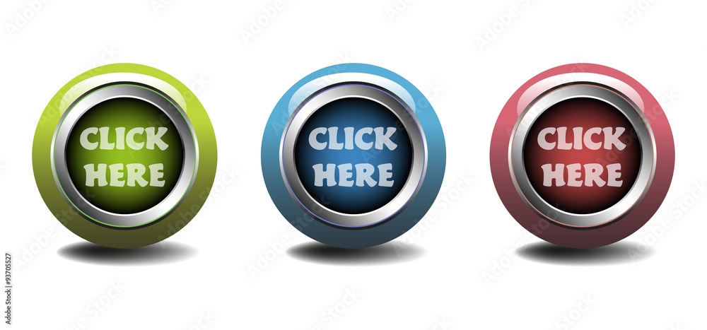 Set of three buttons with the text click here written on each button
