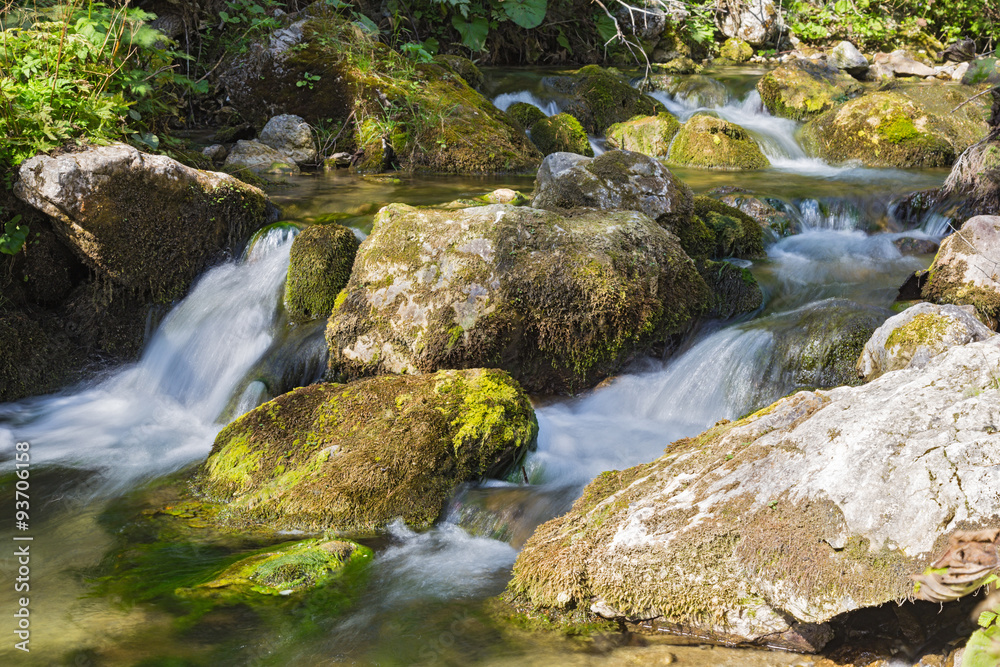 Mountain river flowing among mossy stones.