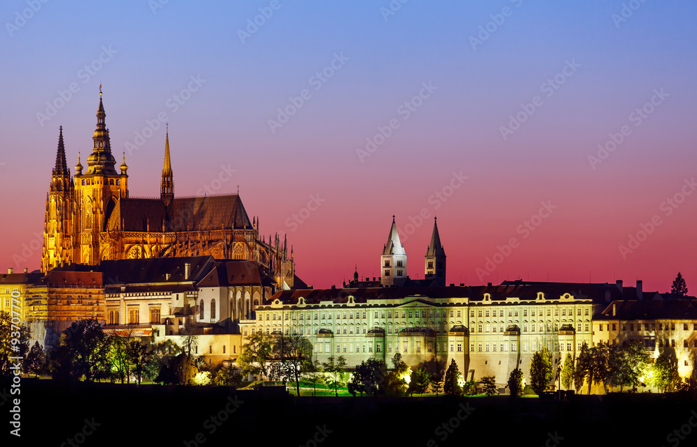 Evening landscape view to Prague castle Czech republic
