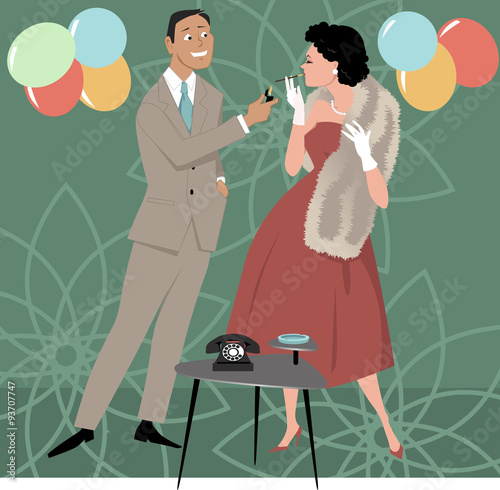 1950s party scene, gentlemen lighting cigarette for a lady, EPS 8 vector illustration, no transparencies