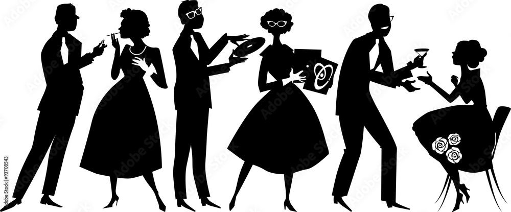 Vector silhouette of people dressed in 1950s fashion at the party, socializing, EPS 8, no white objects, black only  - obrazy, fototapety, plakaty 