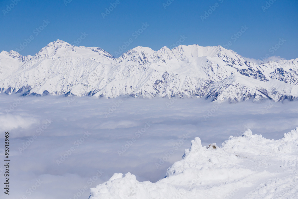 View on mountains and blue sky above clouds, Krasnaya Polyana