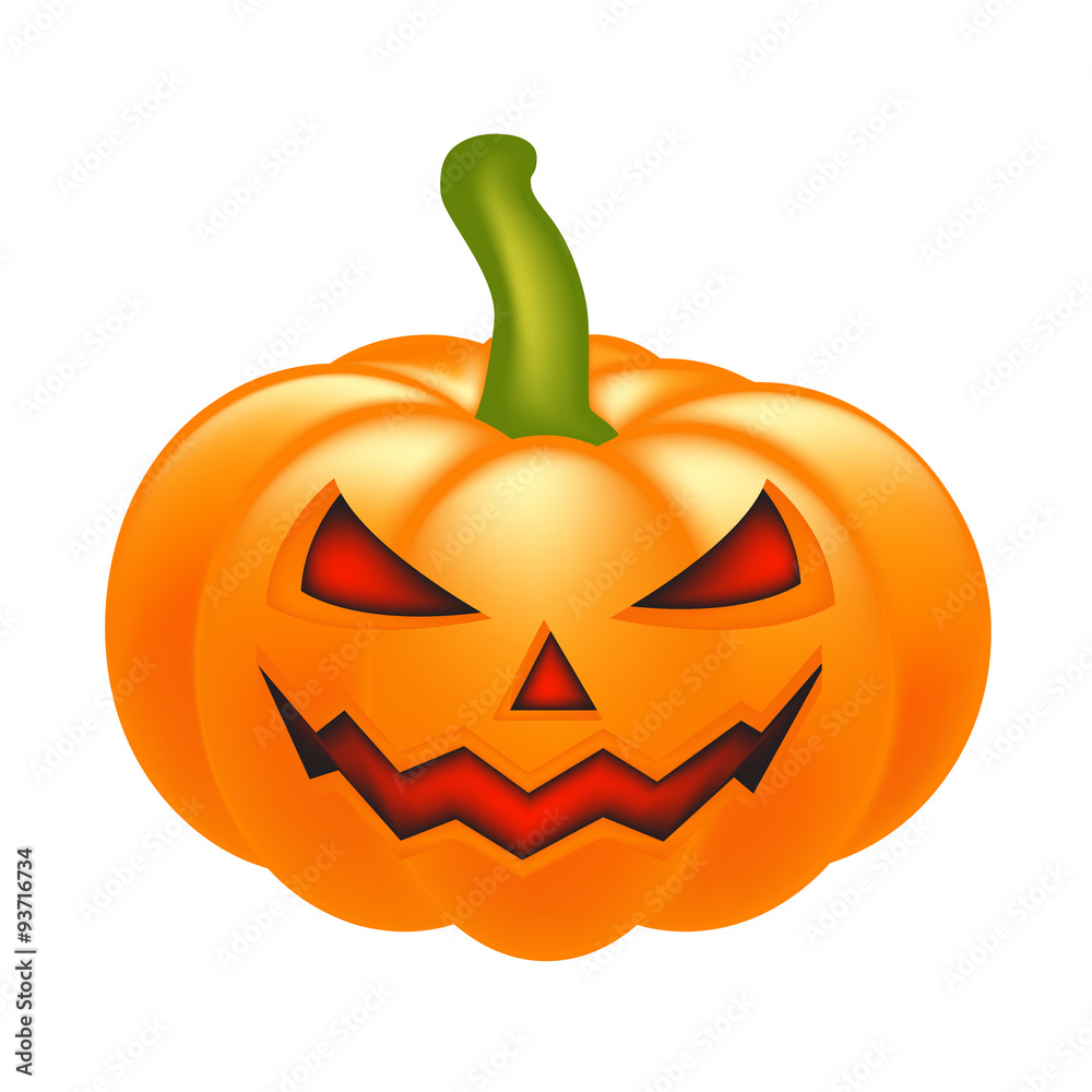 Halloween pumpkin vector illustration, Jack O Lantern isolated on white background. Scary orange picture with eyes and candle light inside.