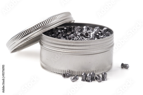 Canvas-taulu An open box of ammunition for air weapon on a white background