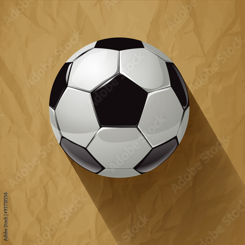 Soccer ball with long shadow on a crumpled paper brown background. Vector illustration.