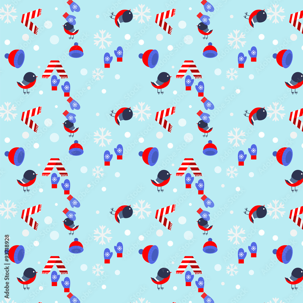 pattern with the image of bird, hat, snowflakes, scarf, mittens pattern with the image of bird, hat, snowflakes, scarf, mittens