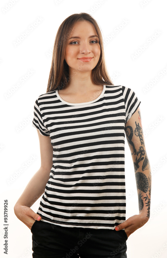 Young woman with tattoo isolated on white Young woman with tattoo isolated on white