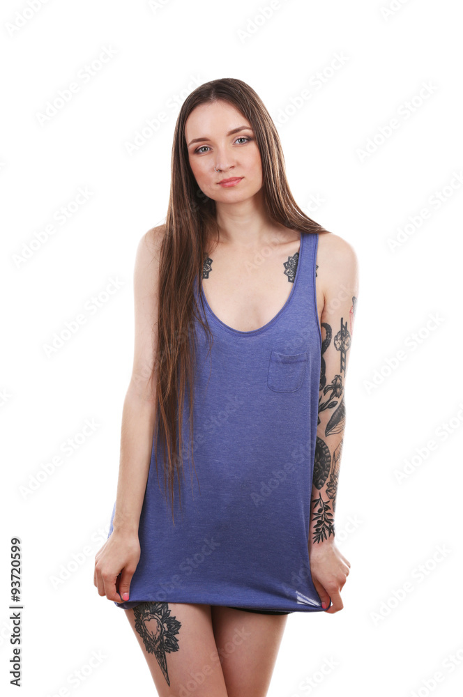 Young woman with tattoo isolated on white Young woman with tattoo isolated on white