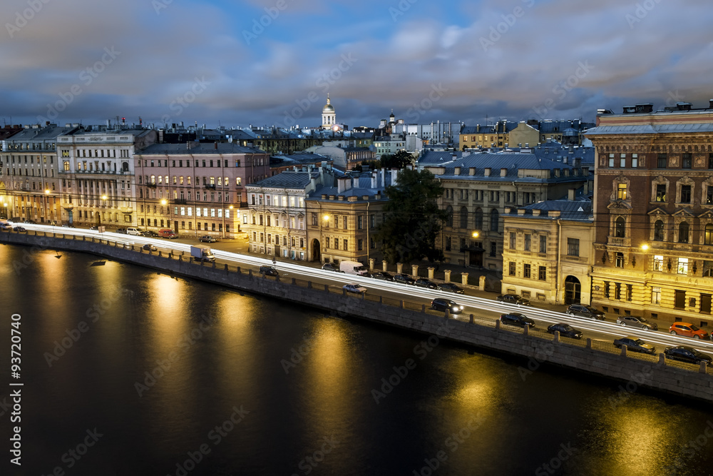 Naklejka premium Roof view on the Fontanka river in St. Petersburg at evening ill