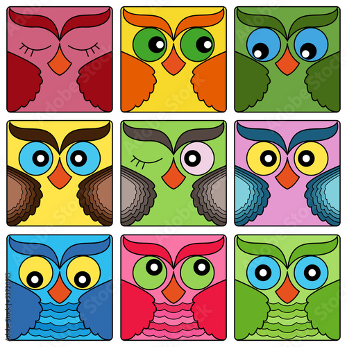 Wallpaper Mural Nine cute owl faces in square shapes Torontodigital.ca