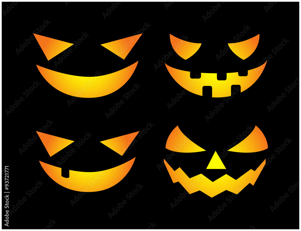 Halloween scary pumpkin face vector illustration set, Jack O Lantern smile isolated on black background. Scary orange picture with eyes in the dark.