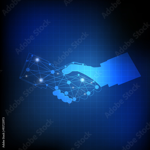 Vector : Abstract circle and network on hand shaking on blue bac