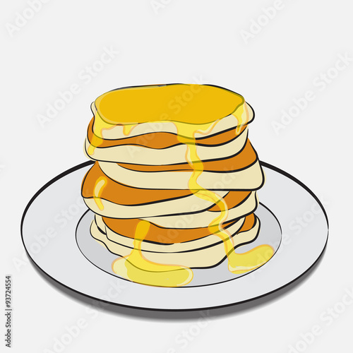 Pancake stack on a plate with honey