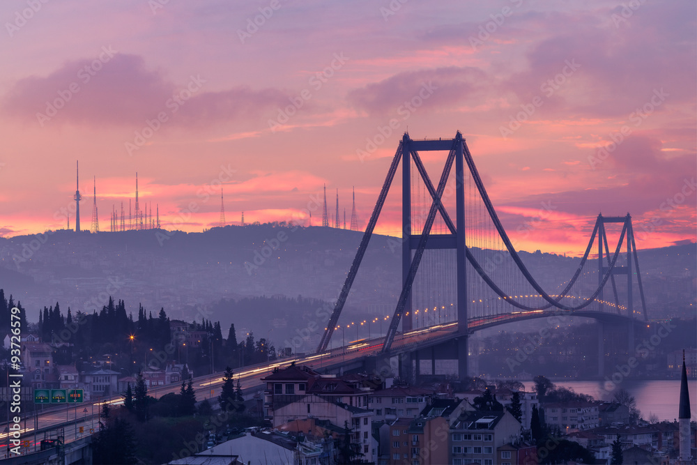 Bosphorus Bridge and traffic at dawn