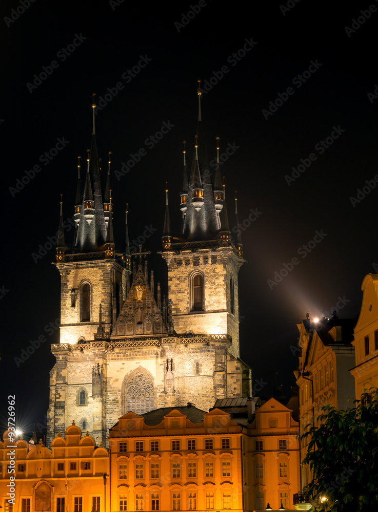 The Tyn Church in the light of lanterns evening. Located on the Old Town Square in Prague