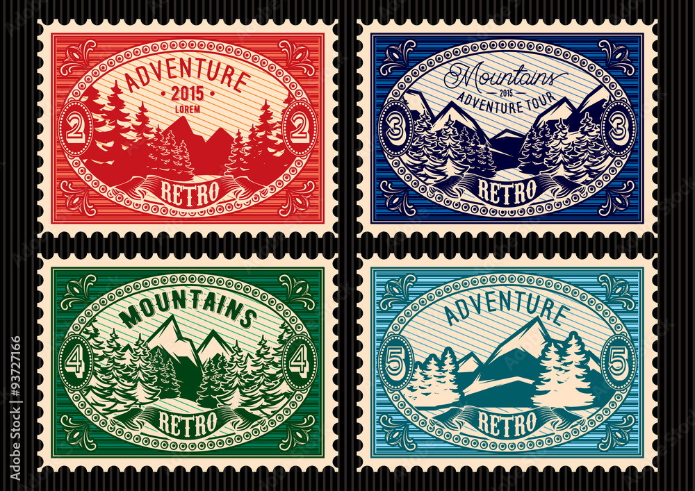 Obraz premium stamps with fir forest and mountains