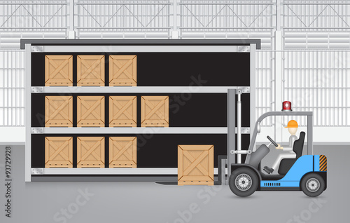 Warehouse interior or modern building with operator, driver or worker to stock or sort wooden crate box to shelf storage by forklift. Concept for inventory and management system. Vector illustration.