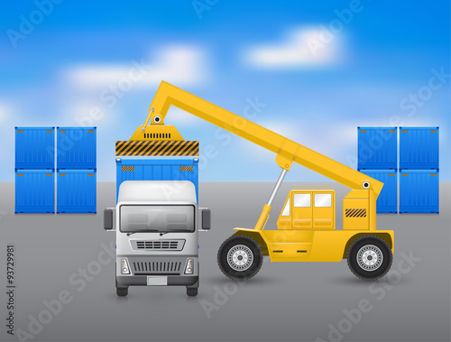 Vector of reach stacker to lifting, handler, handling or load cargo container at port, terminal, dock or harbor for logistic, shipping, shipment and delivery. Freight transport distribution industry.