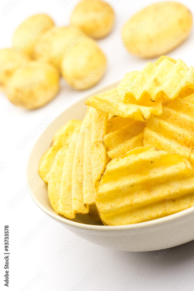 Potato chips on white background..