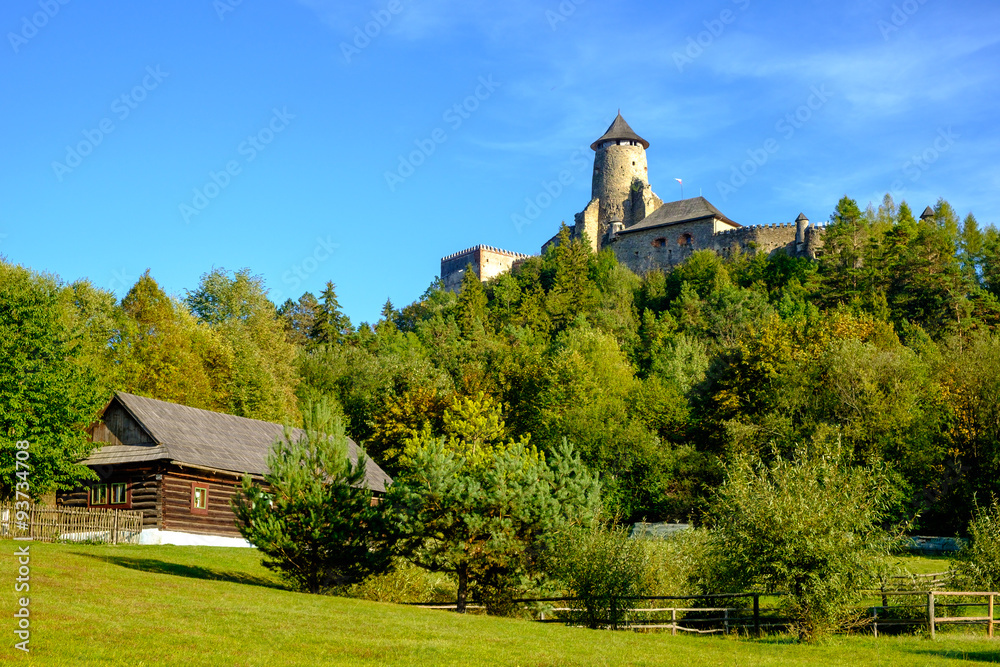 Obraz premium Landscape view of old traditional house and castle, Slovakia
