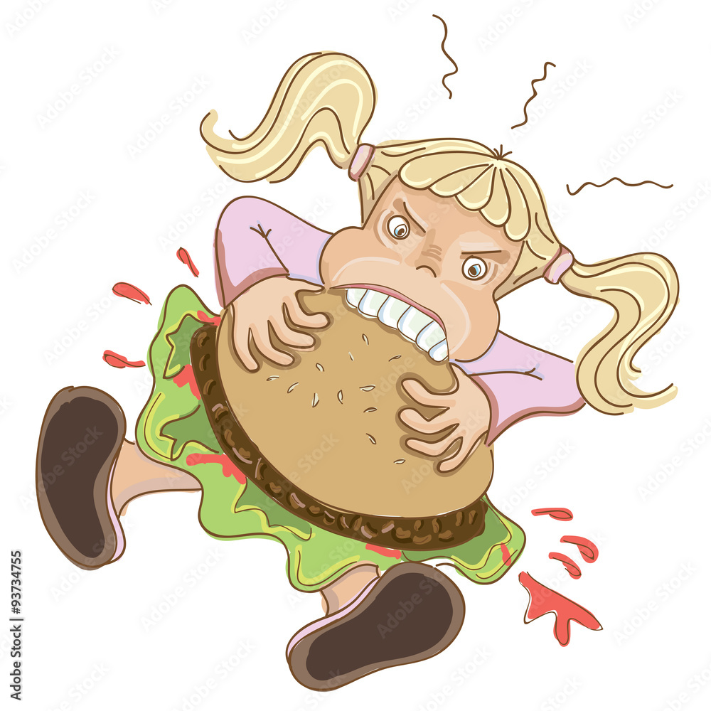funny cartoon of angry Girl eating hamburger, vector illustration Stock  Vector | Adobe Stock