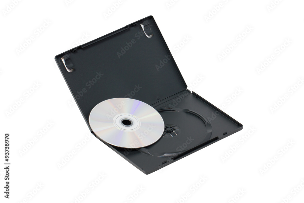 The open black DVD case with disk isolated on white. The open black DVD case with disk isolated on white.