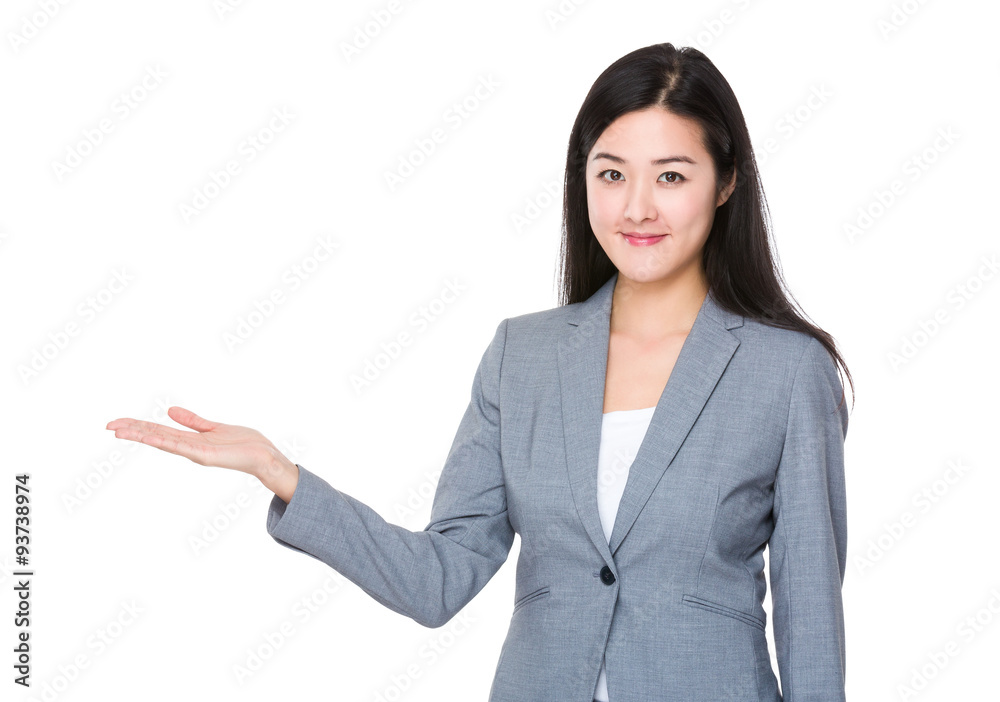 Asian Businesswoman with open hand palm Asian Businesswoman with open hand palm