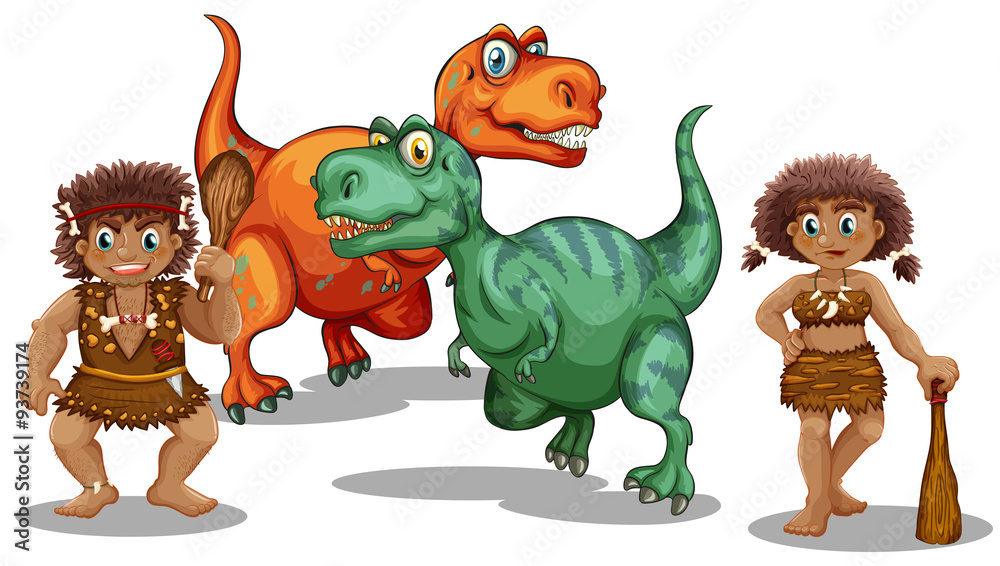 Naklejka premium Dinosaurs and cave people
