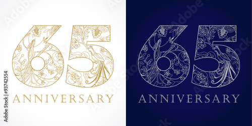 65 anniversary vintage logo. Template numbers of 65th jubilee in ethnic patterns and birds of paradise. photo