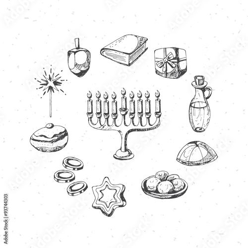 Hanukkah holiday symbols for design. Hand drawing vector