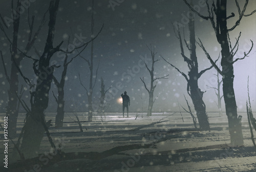 Fototapeta Naklejka Na Ścianę i Meble -  man holding lantern stands in dark forest with fog,illustration painting