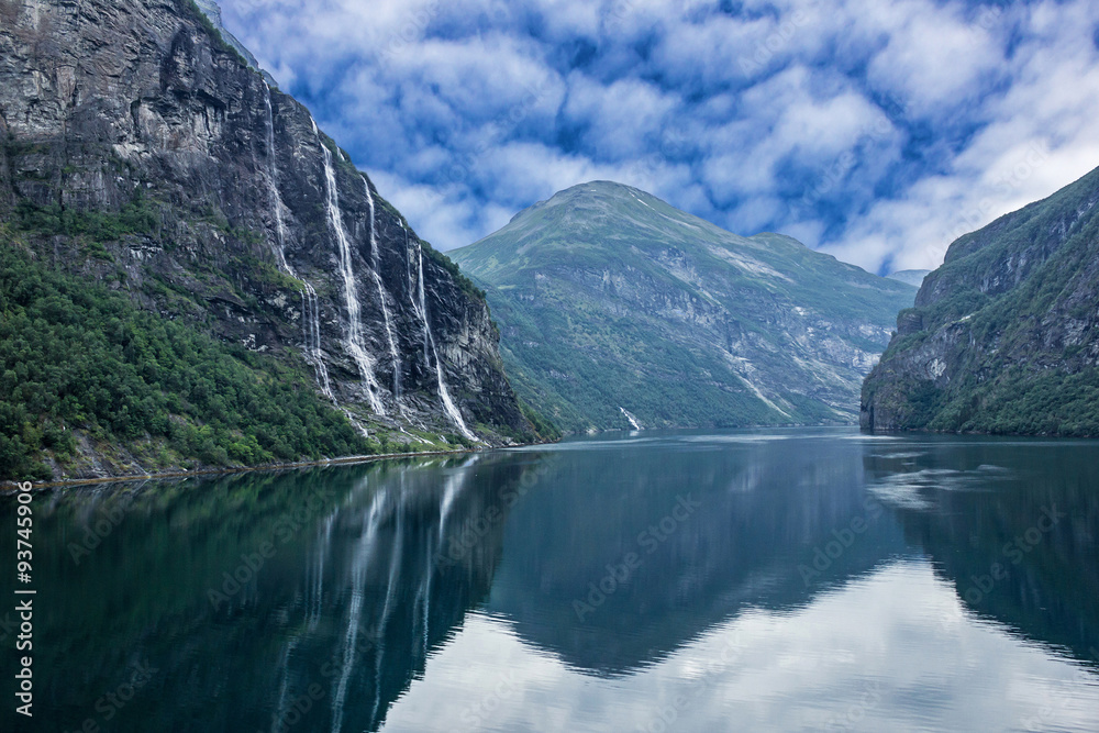 Geiranger fjord, Norway: landscape with mountains and waterfalls