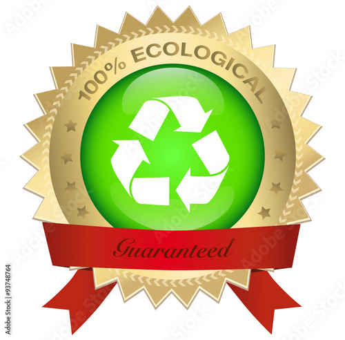 100% ecological guaranteed seal or icon with red banner and recycling symbol. Glossy golden seal or button with stars and elegant banner.