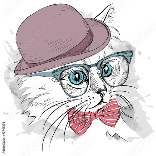 Image Portrait cat in the hat, cravat and glasses. Vector illustration.