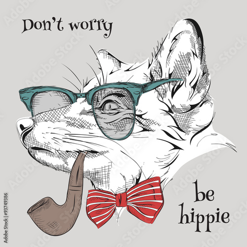 Image Portrait fox in the cravat and glasses with  tobacco pipe. Vector illustration.
