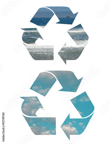 recycle symbols with sky and ocean