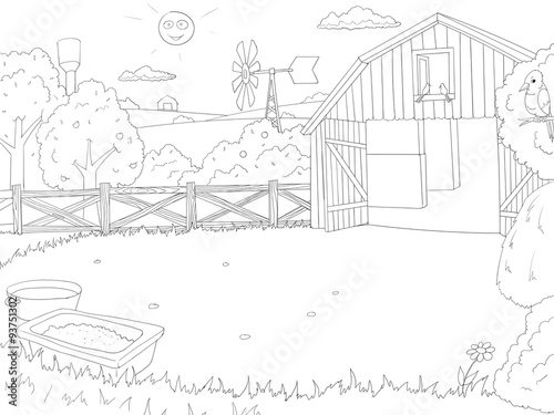 Cartoon farm color book black and white outline 