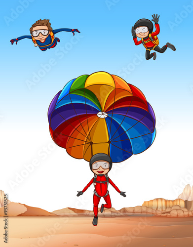 Three people doing skydiving