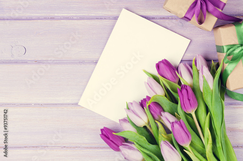 Fototapeta Naklejka Na Ścianę i Meble -  Purple tulip bouquet, greeting card and gifts