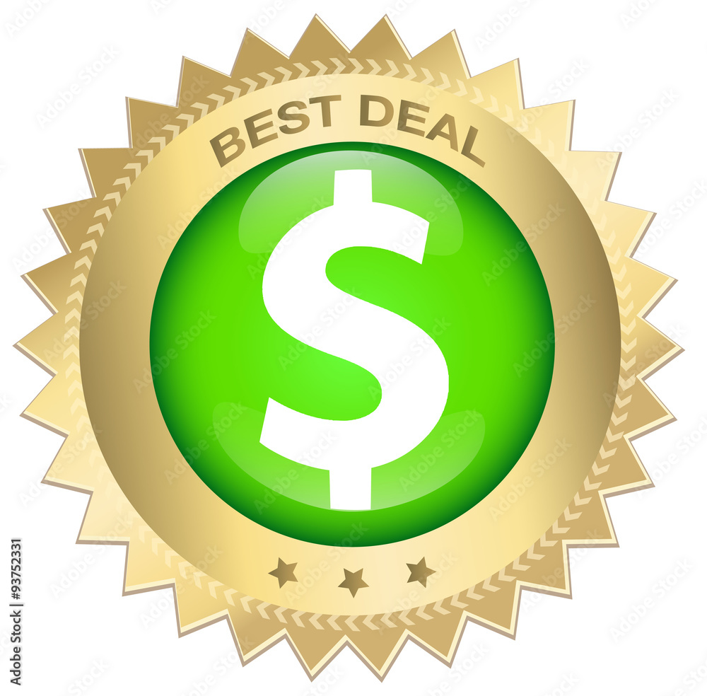 Best deal seal or icon with red banner and dollar symbol. Glossy golden seal or button with stars. Best deal seal or icon with red banner and dollar symbol. Glossy golden seal or button with stars.