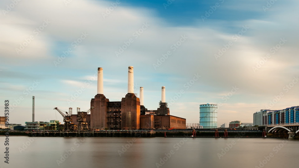 Calm long exposure time lapse sequence of the famous abandoned Battersea Power Station in London, UK, zooming in Calm long exposure time lapse sequence of the famous abandoned Battersea Power Station in London, UK, zooming in