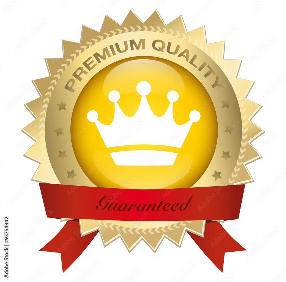 Premium quality seal or icon with red banner and crown symbol. Glossy golden seal or button with stars and elegant banner. Premium quality seal or icon with red banner and crown symbol. Glossy golden seal or button with stars and elegant banner.