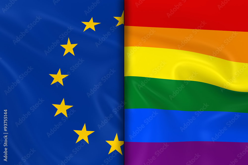 Flags of Gay Pride and the EU Split Down the Middle - 3D Render of the Gay Pride Rainbow Flag and the European Union Flag with Silky Texture