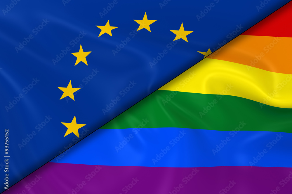 Fototapeta premium Flags of Gay Pride and the EU Divided Diagonally - 3D Render of the Gay Pride Rainbow Flag and the European Union Flag with Silky Texture