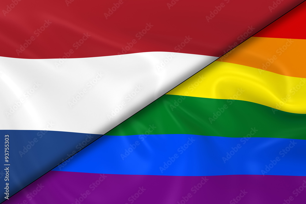 Flags of Gay Pride and Holland Divided Diagonally - 3D Render of the Gay Pride Rainbow Flag and the Dutch Flag with Silky Texture Flags of Gay Pride and Holland Divided Diagonally - 3D Render of the Gay Pride Rainbow Flag and the Dutch Flag with Silky Texture