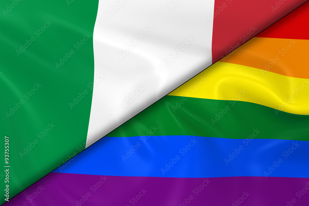 Flags of Gay Pride and Italy Divided Diagonally - 3D Render of the Gay Pride Rainbow Flag and the Italian Flag with Silky Texture Flags of Gay Pride and Italy Divided Diagonally - 3D Render of the Gay Pride Rainbow Flag and the Italian Flag with Silky Texture