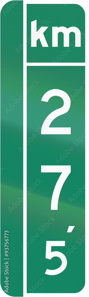 Guide and information road sign in Quebec, Canada - Milestone sign with distance in kilometers, version for the left side of the road