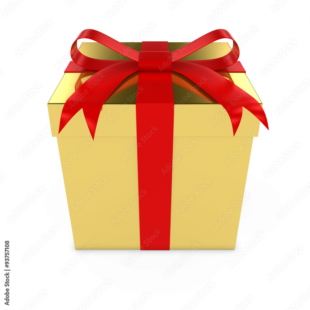 Shiny Gold Christmas Present tied with a Red Bow - 3D render of a Golden Gift Box with a Red Ribbon isolated on white Shiny Gold Christmas Present tied with a Red Bow - 3D render of a Golden Gift Box with a Red Ribbon isolated on white
