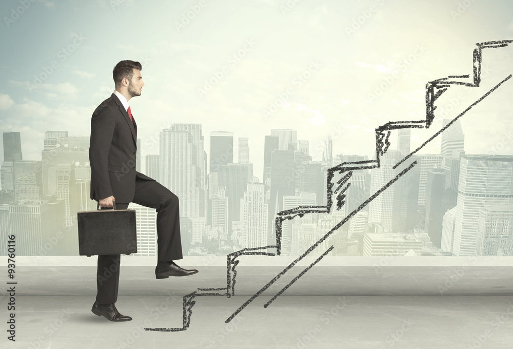 Business man climbing up on hand drawn staircase concept Business man climbing up on hand drawn staircase concept