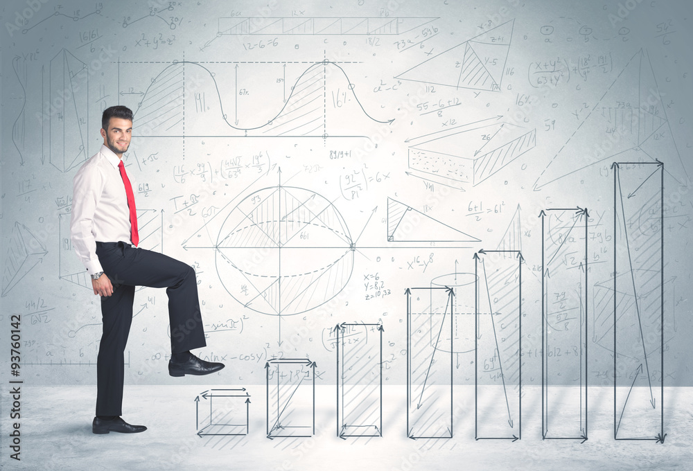 Business man climbing up on hand drawn graphs concept